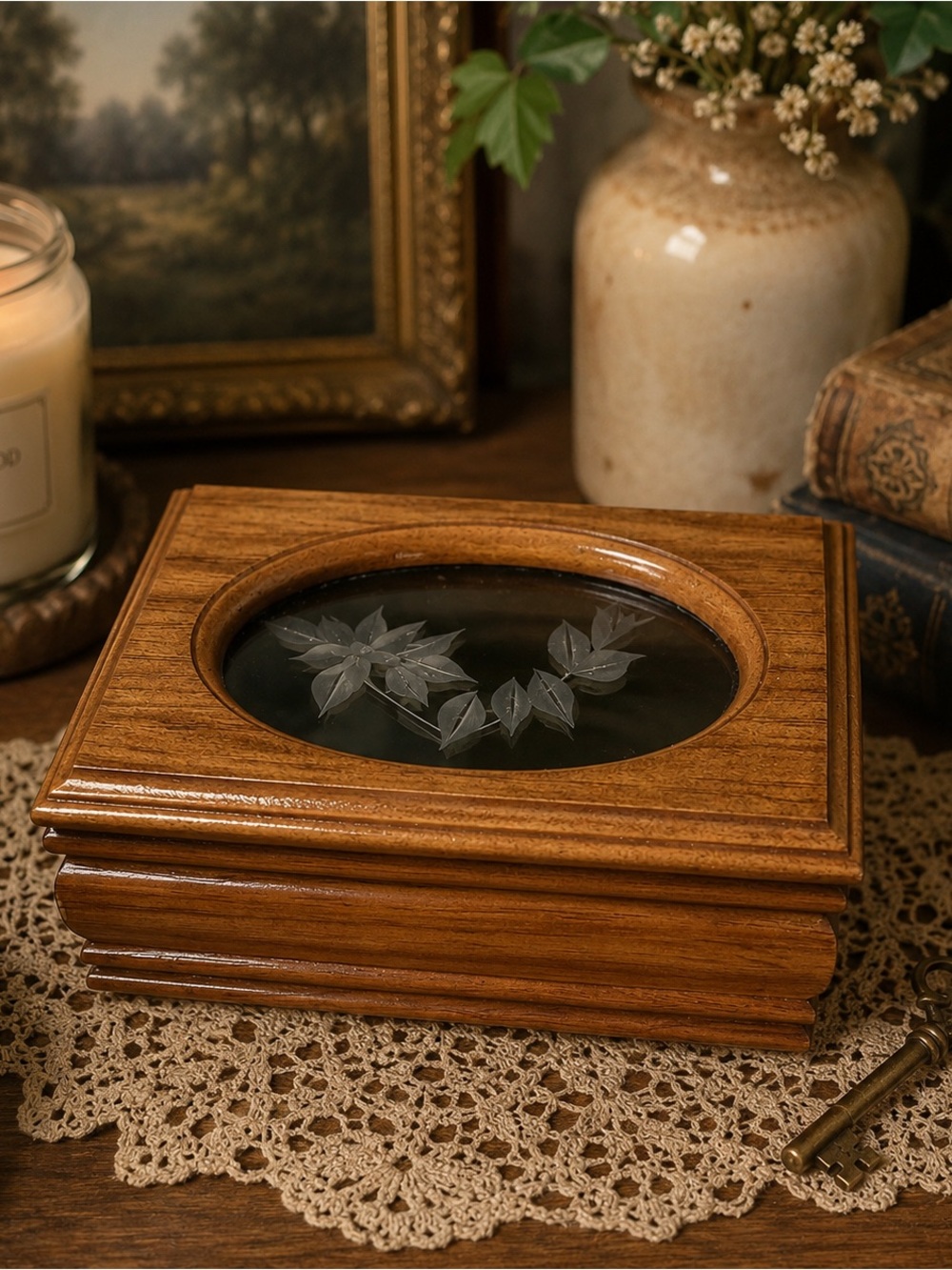 Secret Treasures Wooden Jewelry Box Trinket Box Glass Floral Lid Ring Storage